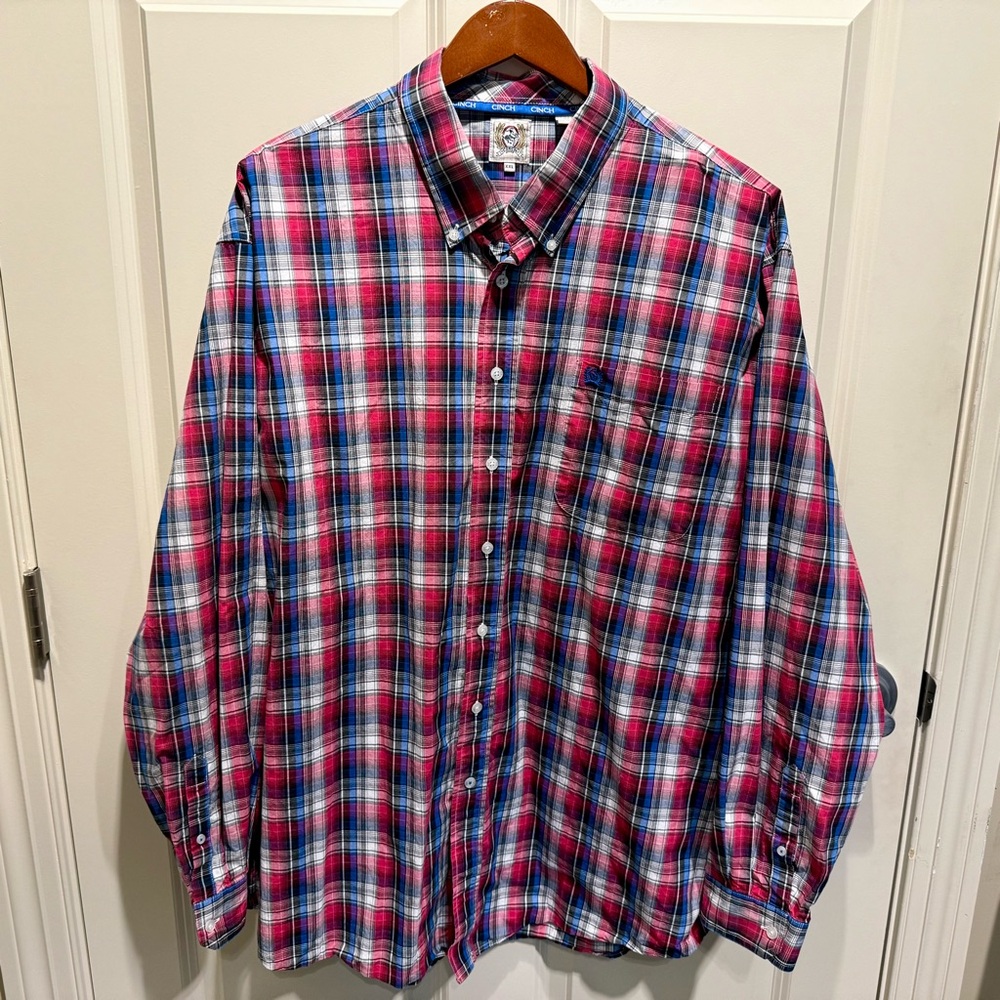 Men's Cinch Long Sleeve Button Up Checkered Plaid Western Blue White Size XXL